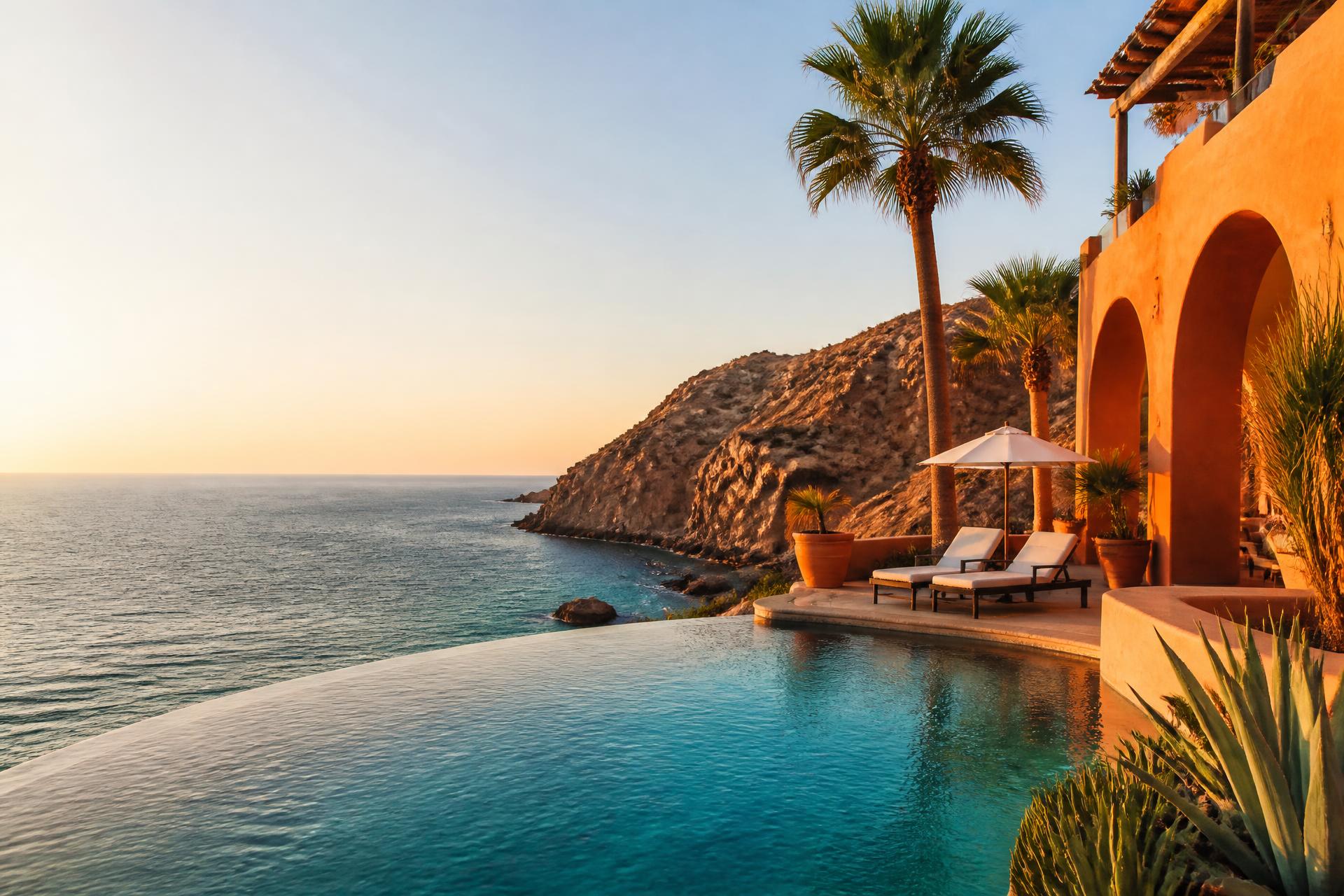 Cliffside infinity pool at golden hour overlooking the Mediterranean